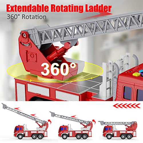 Gizmovine Fire Truck Toy For Kids With Lights And Sounds, Extending Rotating Ladder Rescue Construction Vehicles Pull Back Firetruck Toys For 3 4 5 6 Years Old Boys And Girls Gift #TOP3