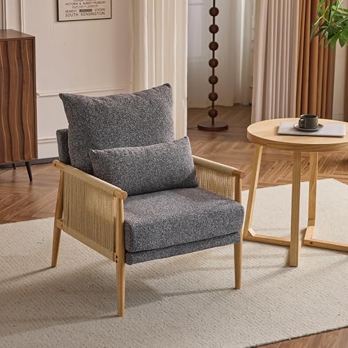 GODECOR Modern Accent Chair, Natural Rattan Armchair with Comfy Chenille