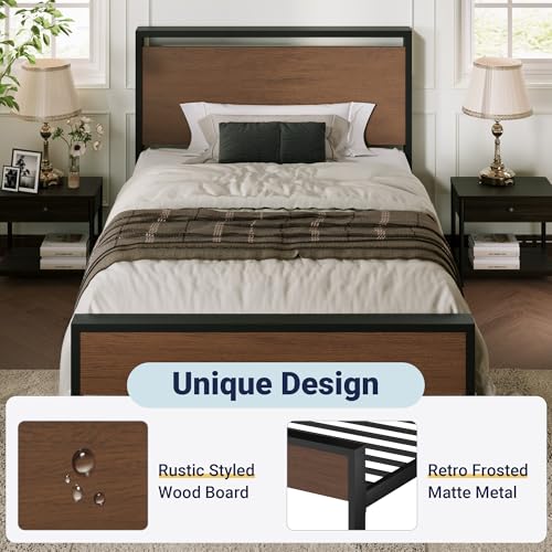 Image of Allewie Twin Size Bed Frame, Heavy Duty 12 Metal Slats Support, Walnut | Wooden Headboard and Footboard, Modern Platform Bed, No Box Spring Needed, Under-Bed Storage, Noise Free, Easy Assembly