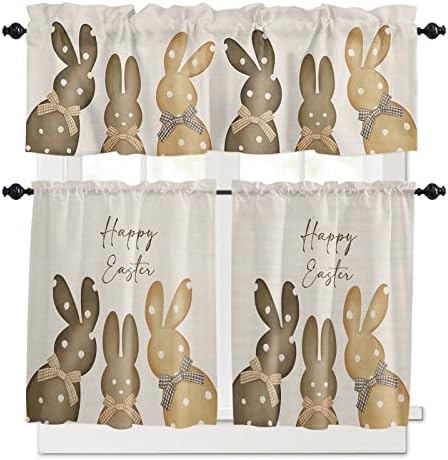 IDOWMAT Curtain Tier and Valance Set 3 Piece, Semi Sheer Rod Pocket Valance Small Half Window Tier Curtains Vintage Easter Polka Dot Bunny Silhouette White Valances for Kitchen