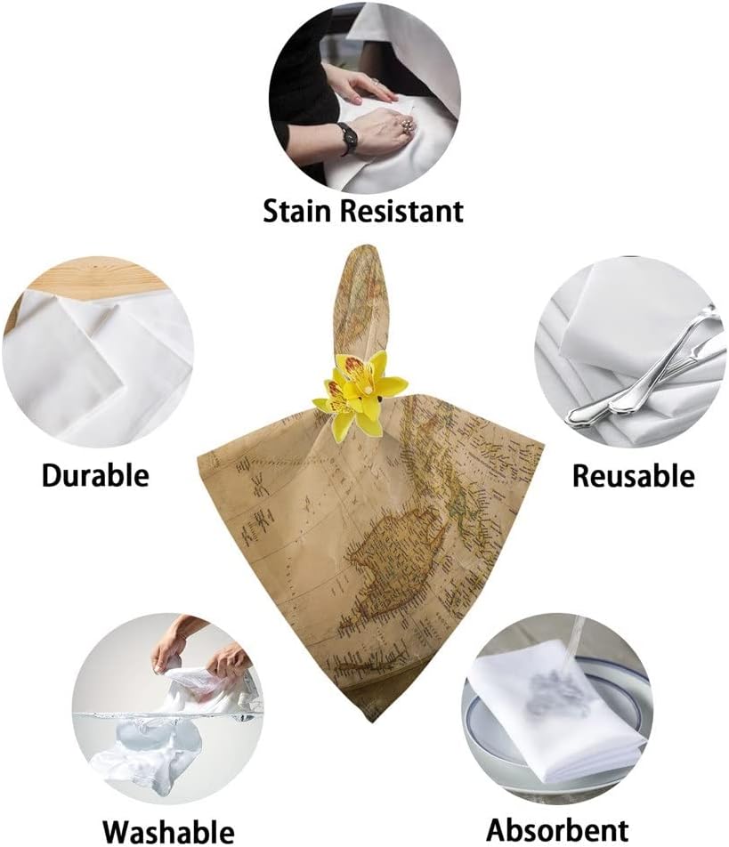 World Map Retro Table Napkins Cloth Set Soft Handkerchief Wedding Decoration Banquet Dinner(8pcs)