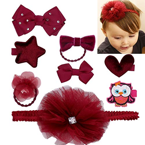 Loveliome Toddlers Baby Girls Headbands Hair Clips Tie, Floral Bow Fabric Hair Accessories for Kids,Set of 8(Wine Red)