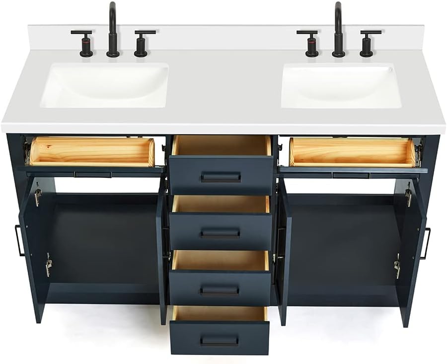 DKB Isabella 60" Midnight Blue Double Bathroom Vanity with Sink, 1.5" Pure White Quartz Countertop, Rectangular Undermount Sinks, 4 Soft Closing Doors, 6 Dovetail Drawers