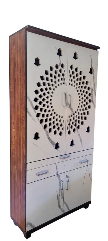 Image of 6 x 3 ft Wooden Pooja Mandir with Kalasam | Mandir for Home and Office | Wall Mount Temple with Storage | 36 inch L x 72 inch H x 12 inch D | White Marble Finish