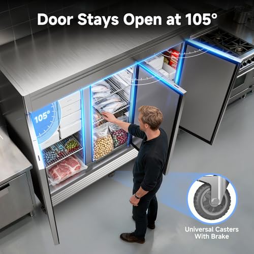 Image of Coolake 82 inch Commercial Reach-in Freezer 3 Solid Doors, 72 Cu.ft Stainless Steel Fan Cooling Upright Freezer 12 Adjustable Shelves, Commercial Freezer for Restaurant Kitchen Grocery Store Prep Area