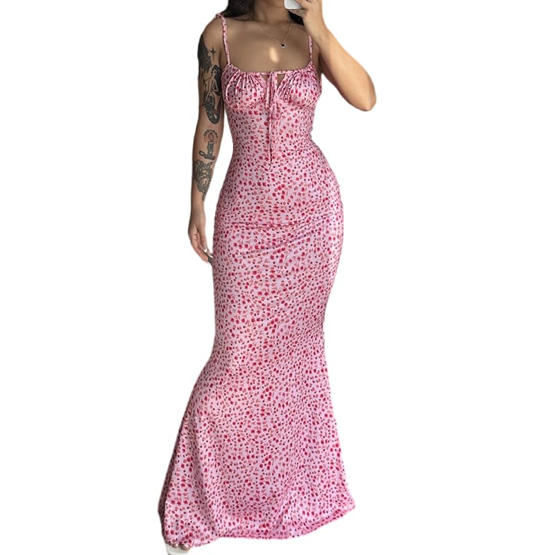 Image of Women Floral Printed Spaghetti Strap Maxi Dress Long Dress Backless Tie Shoulder Mermaid Dress