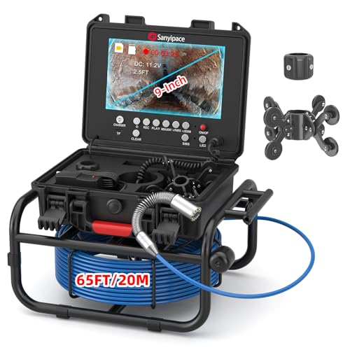 Image of Sanyipace Drain Camera 512Hz, Self-Leveling Sewer Camera with Distance Counter, 5X Zoom, 4500mAh Battery, Waterproof Pipe Camera for Plumbing Duct Home Inspection, 66FT /20M Cable, Included 16GB Card
