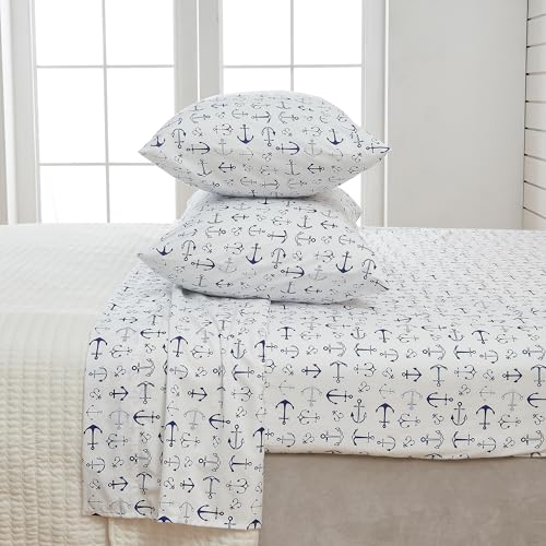 Image of Great Bay Home Queen Coastal Microfiber Sheet Set - 4-Piece Nautical-Printed, Ultra-Soft Sheets - Beach-Themed Bedding Sheets & Pillowcases (Anchor)