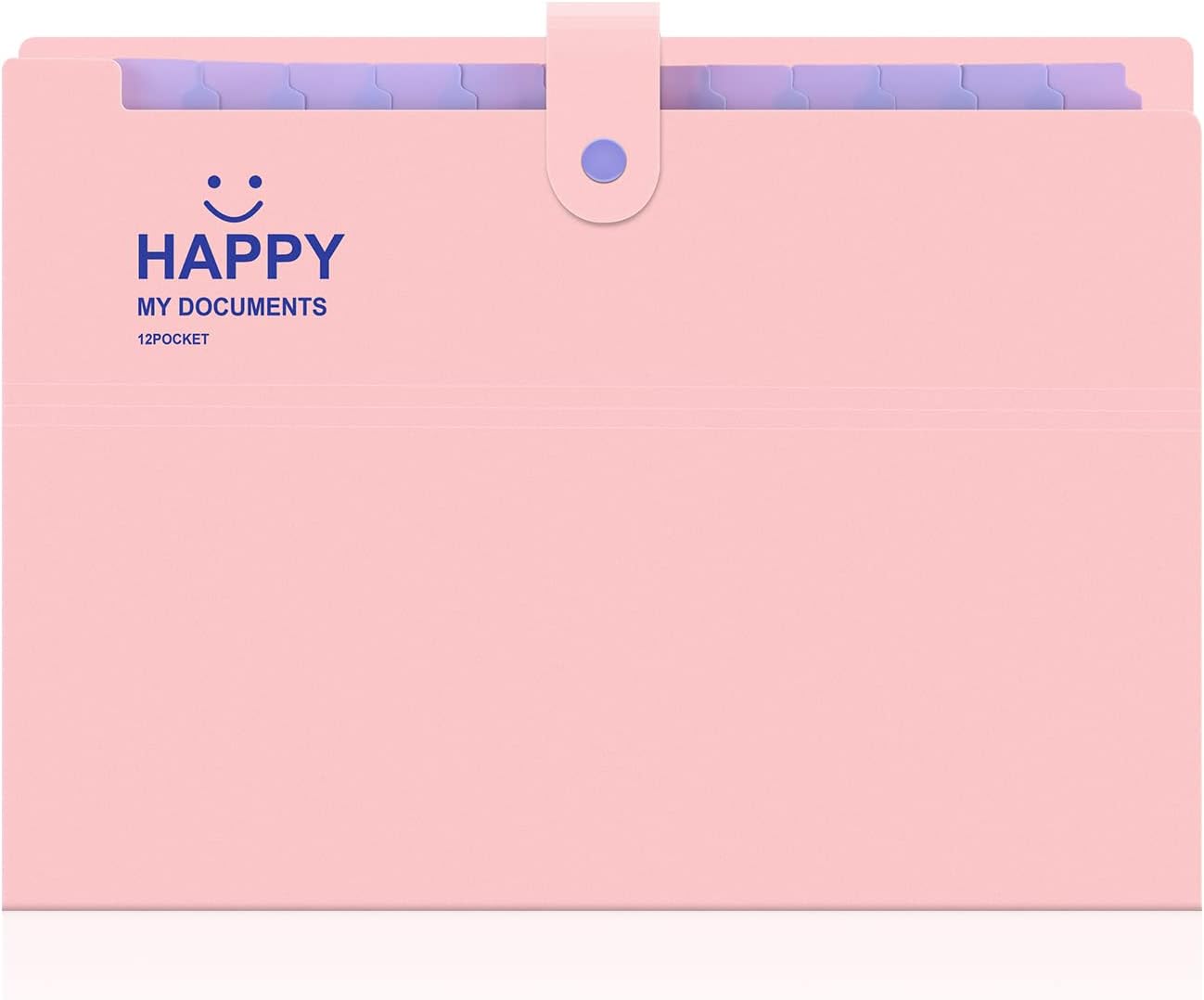 Expanding File Folders 12 Pockets Accordion File Folder A4 and Letter Size Paper Document Organizer Folders for School Office (Pink)