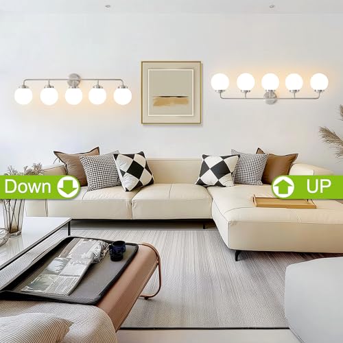 Image of Bathroom Light Fixtures 39in 5-Light Brushed Nickel Vanity Light for Mirror | Bathroom Lighting Fixtures over Mirror, ETL, Brushed Brass Wall Sconce, Dimmable E12 Base Max 60W, Milky Glass Ball Shades