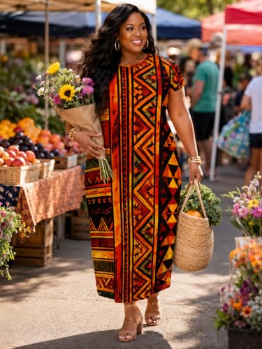 Image of Plus Size Maxi Dress for Women Short Sleeve V Neck Casual Loose Sundress with Pockets