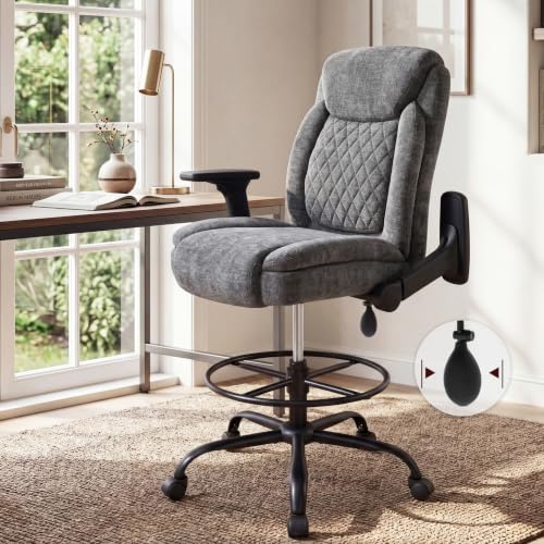 Image of Drafting Chair,Executive Tall Office Chair Flip-up Armrests for Counter Height Desk Drawing Use,High Task Chair with Adjustable Foot Ring &Inflatable Lumbar Support,Swivel Computer Stool, Fabric Grey