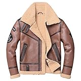 Herren Lederjacke Lambswool Warm Motorrad Bomber Aviator Schaffell Shearling Ledermantel,Braun,XXXL