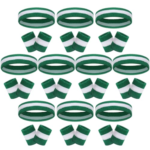 Image of 30 Pcs Sweatbands Wristbands Set Absorbent Terry Cloth Headbands Wristbands Neon Color Striped 80s Athletic Sweatbands for Sports Gym Exercise
