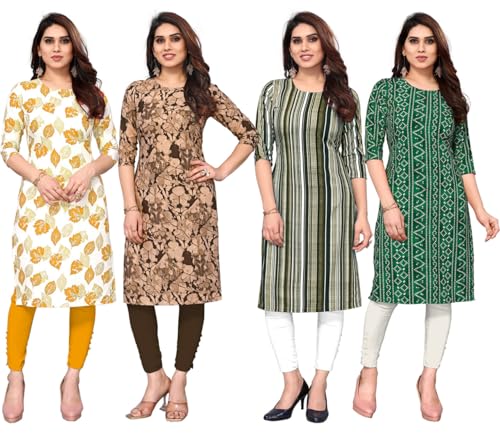 Image of JAKHANA Women's Crepe Printed Casual Straight Calf Length Round Nick Kurta Pack of 4