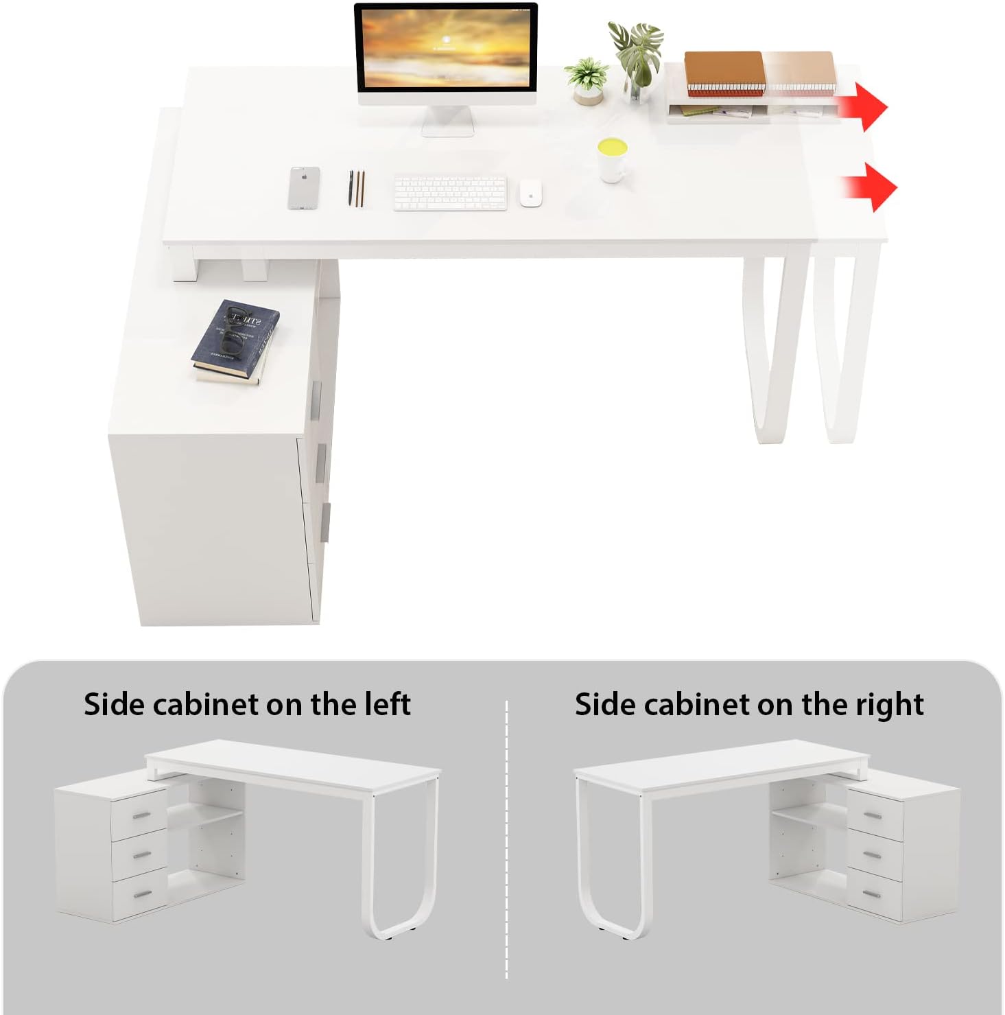 Home Office Computer L-Shaped Desk Corner Desk with 3 Drawers & 2 Shelves, 55 Inch Large Study Writing Table with Storage Cabinet (White)