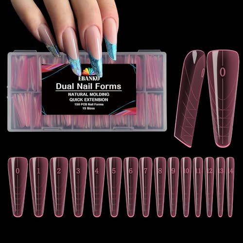 EBANKU 150 PCS Unghie Finte Nail System Dual Nail Form, Riutilizzabili Nail Dual Form Kit Rosa Stiletto Mandorla Nail Form Acrilico Tips Unghie con Scala Graduata per Unghie Strumenti, 15 misure