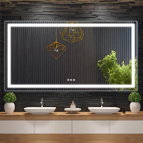 LED Bathroom Mirror, 60x30 inches Mirror with Backlit and Front Light, Smart 3 Colors LED, Dimmable Anti Fog Wall Bathroom Mirror, 3000k/4000k/6500k, Wall-Mounted Mirror for Home, Hotel Use