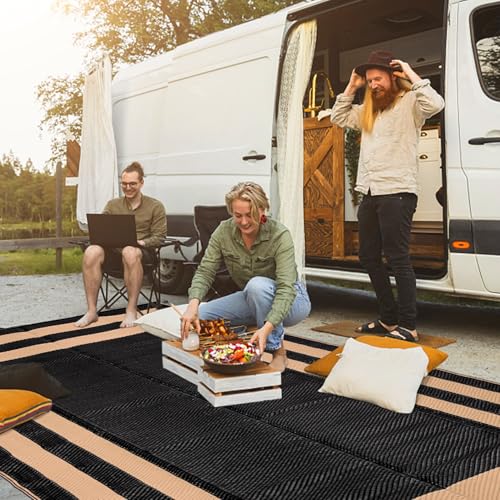 Image of Outdoor Rug Carpet Waterproof Reversible Mats 9x12 ft Patio Rug RV Camping Rug, Plastic Straw Rug Area Rug for Balcony Picnic Beach(Black and Brown)