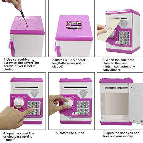 Suliper Electronic Piggy Bank Code Lock for Kids Baby Toy, Mini ATM Safe Coin Cash Banks Real Money Saving Box with Password, Auto Money Scroll for Children,Boys Girls Birthday Gift (White/Pink) - Thumbnail 2