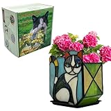Entlityful Handmade Stained Glass Indoor Plant Pot,Flower Pots with Drainage Holes,Black Orange Cat Planter Pot, Cute Succulent Pots,Plant Lover Gifts for Women (with a Gift Box)