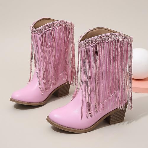 Cowgirl Boots for Girls Western Cowboy Boots Mid Calf Riding Shoes Glitter Fringe Mid Calf Boots with Block Low Heels2