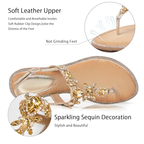 Image of iCKER Women Rhinestone Sandals T-Strap Buckle Bohemian Pearl Crystal Flat Sandals