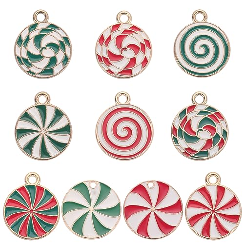 SUNNYCLUE 1 Box 40Pcs 10 Styles Candies Charms Christmas Candy Charms Bulk Flatback Round Holiday Charm Alloy Enamel Dangle Red Gold Plated Charm for jewellery Making Charms DIY Necklace Earring Adult