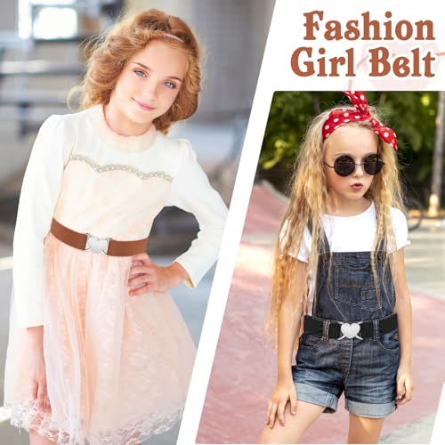 3Pcs Elastic Belts with Heart Buckle for Girls, Cute Stretch Kids Waist Belt Adjustable Toddler Belts for Pants Dress Jeans4