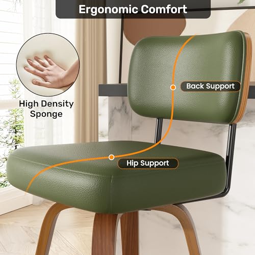 Image of Swivel Bar Stools Set of 5, 26 inch Upholstered Faux Leather Counter Height Barstools with Walnut Back & Bentwood Legs, Mid Century Modern Bar Chairs Island Stools for Kitchen Counter, Green