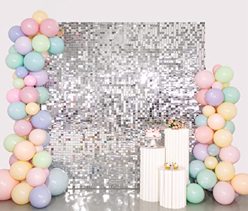 Image of Shimmer Wall Backdrop Silver 3FTx4FT Square Sequin Wall Panel Backdrop Decor for Wedding, Anniversary, Birthday, Party, 12 Panels