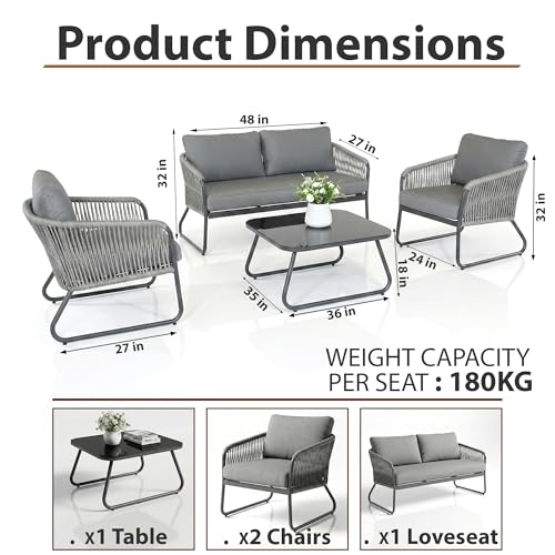 Image of Amazon Brand - Solimo Solix Outdoor Rope Sofa Set | Balcony Sofa | Patio Conversation Sets | Braided Rope Garden Sofa Set and Center Table (4 Seater-Grey New)