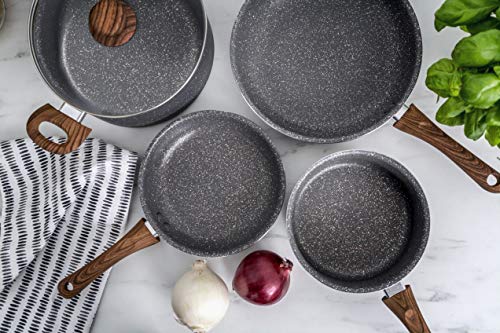 BELLA 12 Piece Wood Grain Pattern Handle Set Nonstick Cookware, Gray Speckle Second Image