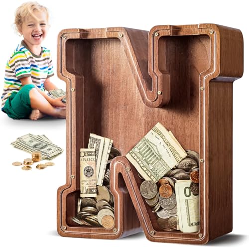 Summidate Spardose für Kinder Junge, Personalisiert Holz Großes Sparschwein, Unzerbrechliches Buchstabe A-Z Sparbüchse für Kinder Mädchen, Erwachsene, Geschenk&Dekoration