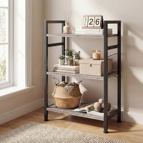 Image of DUMOS 3 Tiers Open Bookshelf, Classic Freestanding Tall Display Shelf, Multifunctional Storage Organizer Rack for Living Room Home Office, Sturdy Bookcase for CDs /Books /Movies, Wood Grey