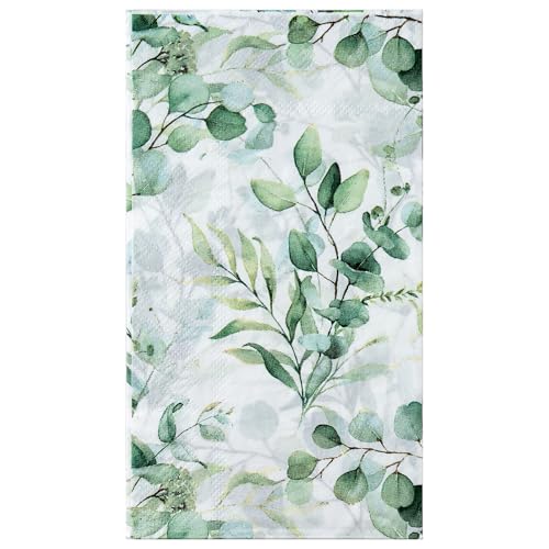 WRAPAHOLIC 25Pcs Green Leaves Eucalyptus Paper Paper Napkins - Guest Disposable Hand Towels for Bathroom, Bridal and Baby Shower, Tea Party, Garden Party, Birthday Party - 4.3 x 7.9 In
