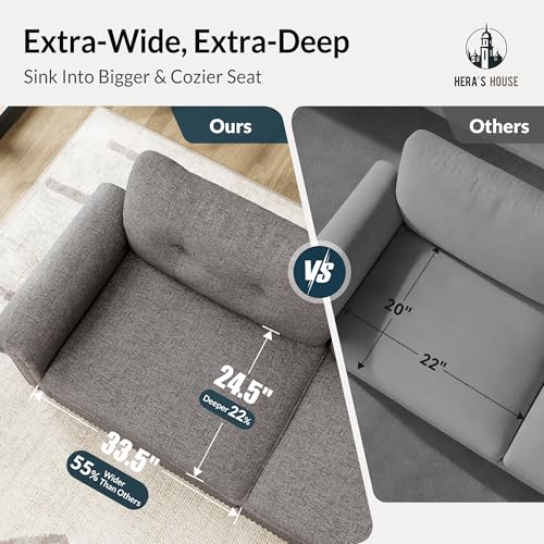 Image of HERA'S HOUSE Modular Sectional Sofa and Chair Set for Living Room 3-Piece | Mid-Century Modern 5-Seater Cloud Sofa Set, Dark Grey, Rolled Arms & Nailhead Trim, Wider Seats, Soft Linen Furniture Set