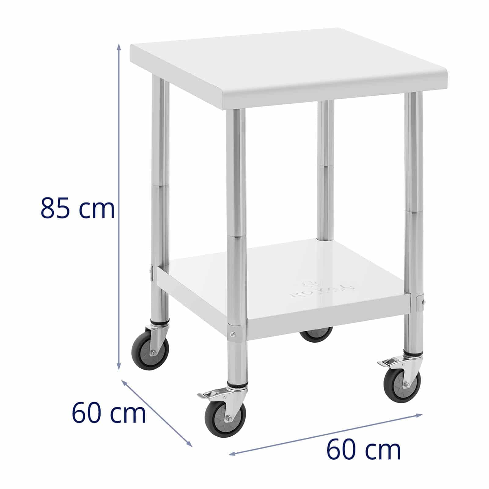 Royal Catering RCAT-60/60-W - Tavolo da lavoro in acciaio INOX con ruote, 60 x 60 cm, portata 120 kg