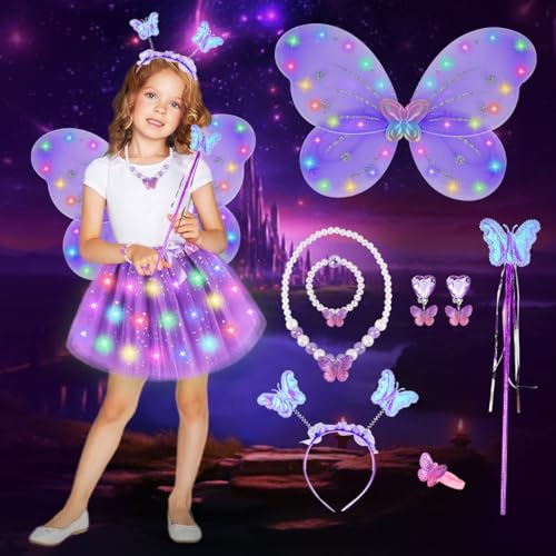 TOSZOLY Alas Hada Disfraz, Luminosa de Hada Niña con Collar, Alas de Hadas LED Luminosas, Falda de Tul para Niñas, Disfraz de Princesa para Fiesta de Halloween Carnaval Cosplay (Morado)