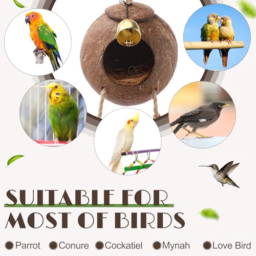 Image of Briwooody Coconut Shell Bird Nest House Breeding Bed Nestingand Anti-pecking Bite with Natural Coir Fiber Bird Nest Toy Bell for Parrot Budgie Parakeet Cockatiel Conure Lovebird Canary Finch (Stylish)