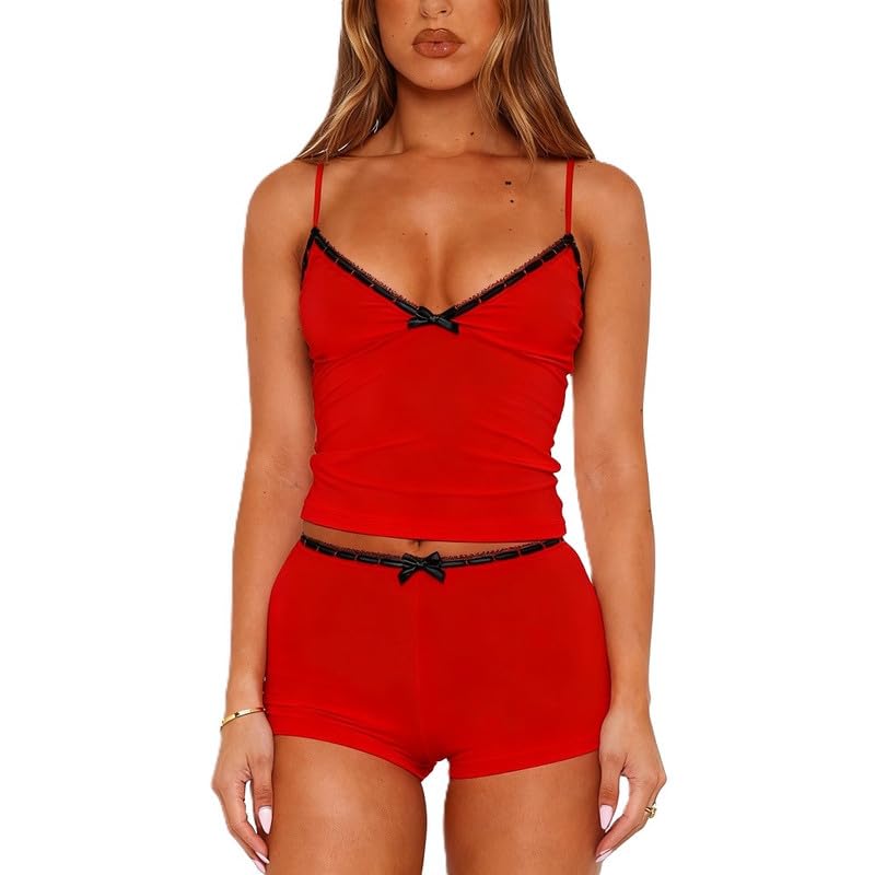 Image of Womens Y2K Cute Print Cami Pajama Sets Lace Trim V Neck Tank Top Shorts Set Bow Heart Print 2 Piece Sleepwear