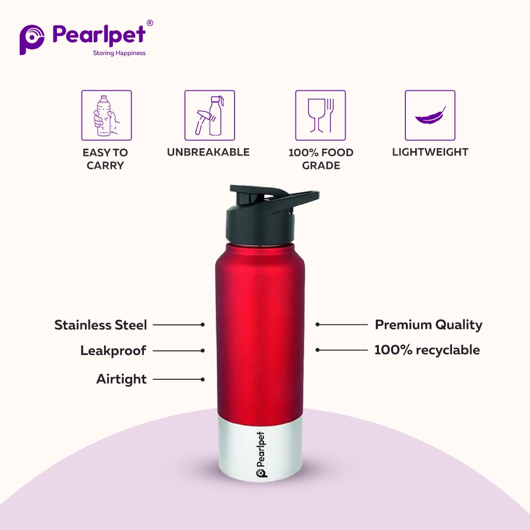 PEARLPET Sportskool Round Stainless Steel Single Wall Water Bottle 750ml | Leakproof, Durable, Reusable | For Gym, School, Office, Fridge Use | Pack of 1 (Red) 1