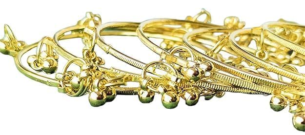 Image of JPS 16 Pcs Trendy Stylish Glass & Kashmiri Ghungroo Bangles Set for Women & Girls | Gold-Plated Traditional Festive Wedding Party Jewellery Chudi Set (12 Glass + 4 Metal)
