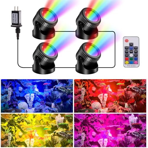 POPOSOAP RGB Underwater Pond Lights with Timer, 20 Colors Dimmable Submersible Led Fountain Lights with IP68 Waterproof, Support Remote Control for Outdoor Ponds Aquarium Garden Pool (4 Set)