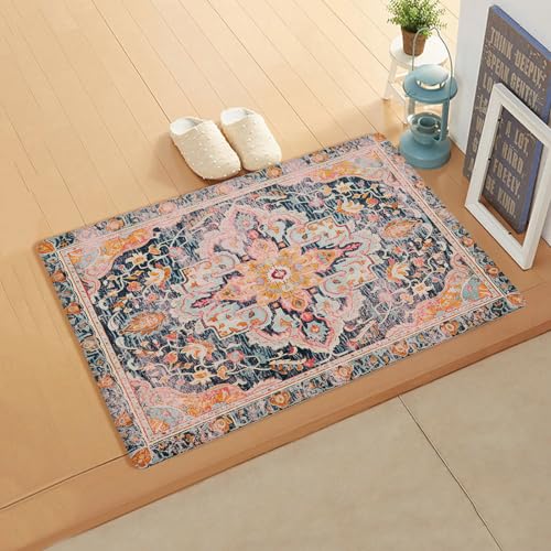 Orange Geometric Kitchen Bath Door Mat Cushioned Runner Rug,Washable Welcome Floor Sink Antifatigue Mat,Waterproof & Non-Slip Comfort Standing Doormat,Oriental Tribal Ethnic Flower Patterns 24