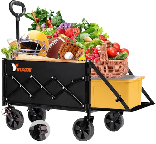 Stillithou 100L Trolley on Wheels with Tailgate Brake, 136kg All-Terrain Trolley Cart, Folding Wagon with Adjustable Handle for Camping Shopping Garden, Black