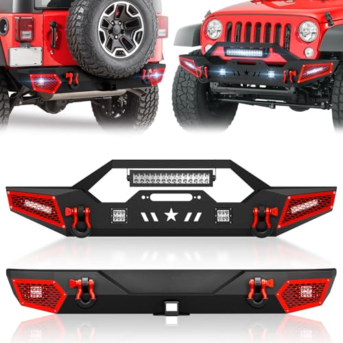 YZONA Off-Road Front and Rear Bumper Compatible with 2007-2018 Jeep Wrangler JK JKU Unlimited (2/4 Doors) Equipped with Paintable Armor, Winch Plate, LED Lights, 2
