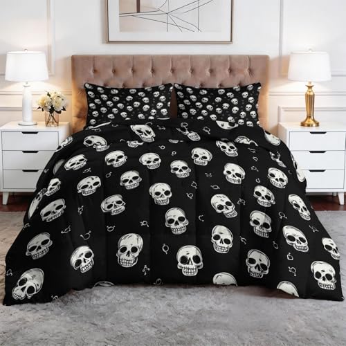 Genérico Edredón Nórdico 150 x 220 cm Oscuro Calavera Minimalista Diseño, Relleno de Ecopiuma 400g/m² – Confort Térmico 4 Estaciones, Antialérgico – Set 3 Piezas Niños y Niñas, Negro