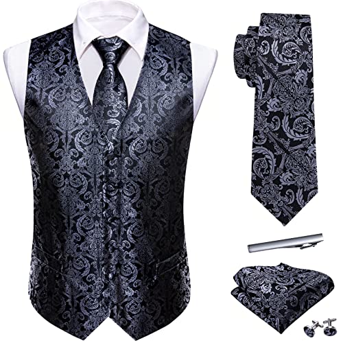 Image of Barry.Wang Black Grey Dress Suit Vest for Men Silk Business Tie Handkerchief Cufflink Waistcoat Formal Tuxedo 5PCS