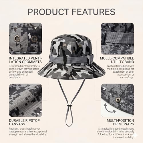 Image of Kraptick Wide Brim Sun Hat for Men - Outdoor Tactical Boonie Hat with Adjustable Chin Strap, Breathable Trekking Cap for Hiking, Fishing, Safari & Jungle Adventures